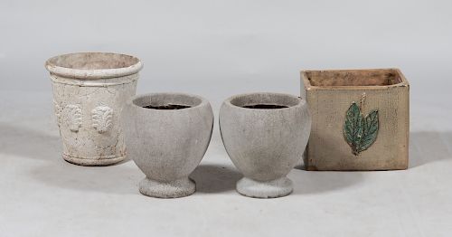 Group of Three Concrete Planters and a Pottery Planter