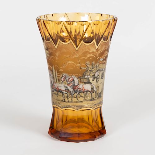 Moser Gilt Decorated Amber Glass Vase