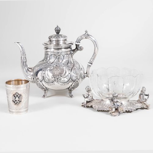 Two Continental Silver Articles and a Silver Plate Teapot