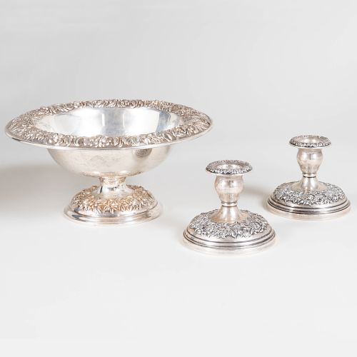 S. Kirk and Son Silver Repoussé Center Bowl and a Pair of Candlesticks