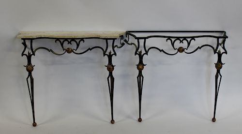 Pair of Patinated and Gilt Decorated Iron Consoles