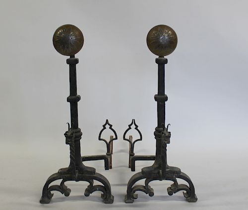 Pair of Large Wrought Iron and Brass Andirons.