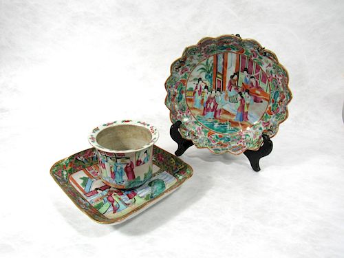 A Rose Medallion Jardiniere and Two Dishes.