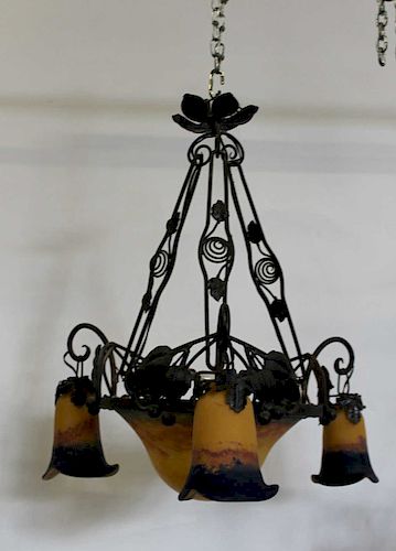 Antique Art Glass & Patinated Metal Chandelier