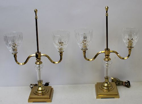 WATERFORD. Pair of Cut Glass And Brass Hurricane