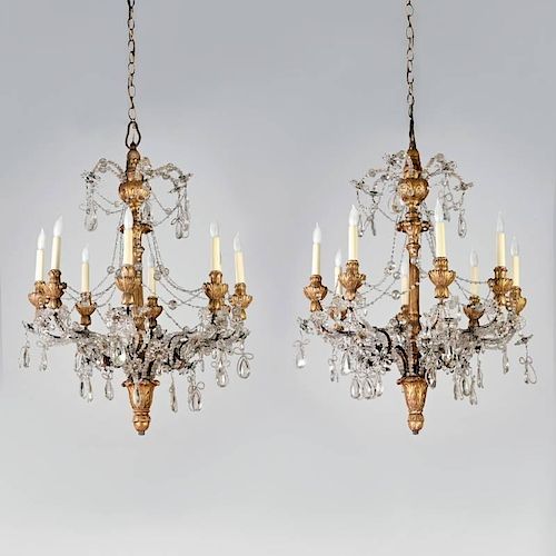 Pair Italian Neo-Classical giltwood chandeliers