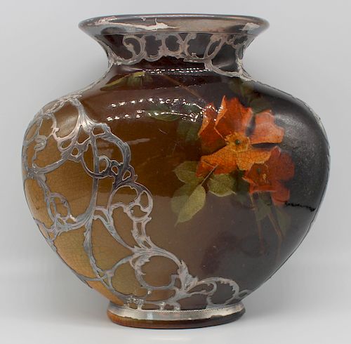 SILVER. Louwelsa Weller Silver Overlay Vase.