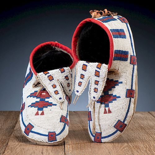 Cree / Blackfeet Beaded Hide Soft-Soled Moccasins, From the Collection of Charles and Valerie Diker