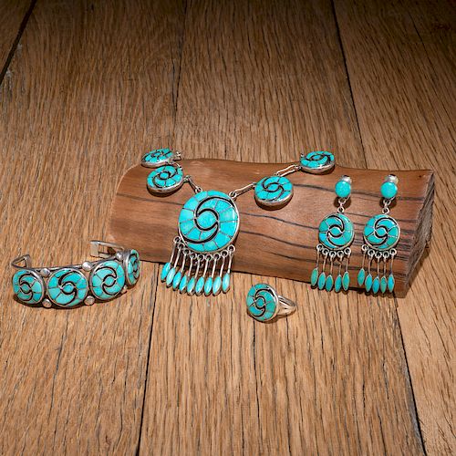 Annie Quam Gasper (Zuni, 1920-2002) Channel Inlay Turquoise and Silver Set