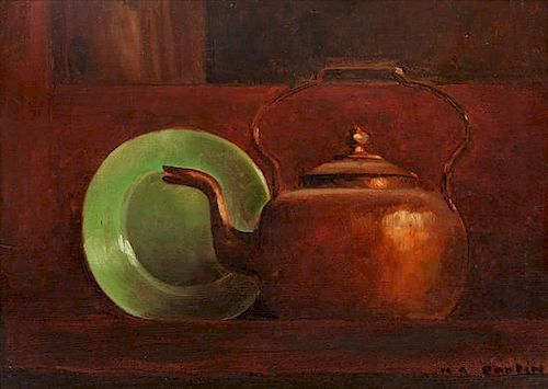 * Marc-Aurele Fortin, (Canadian, 1888-1970), Copper Kettle with Green Plate