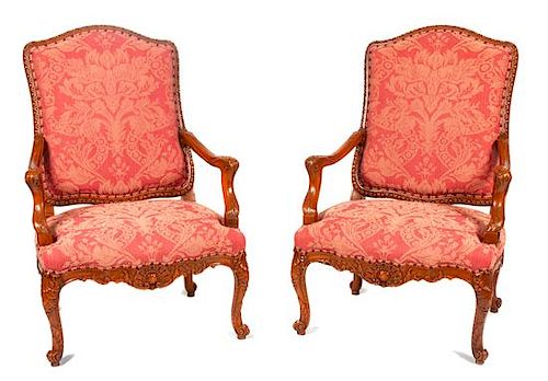 A Pair of Louis XV Style Fauteuils Height 43 1/2 inches.