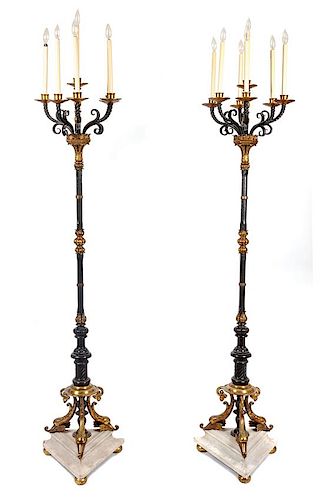 A Pair of Seven-Light Wrought Iron Torcheres Height 79 1/2 inches.