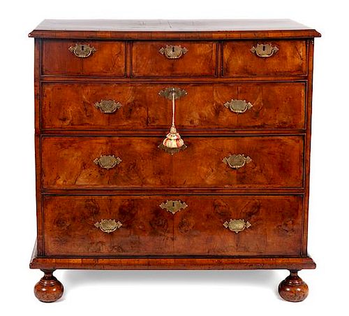 * A William and Mary Walnut Chest of Drawers Height 39 x width 39 3/4 x depth 21 inches.