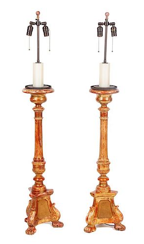 A Pair of Candlestick-form Lamps Height of base 34 inches.