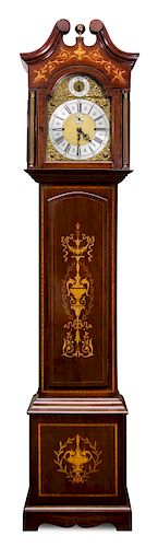 An English Mahogany Inlaid Case Clock Height 95 x width 20 x depth 12 inches.