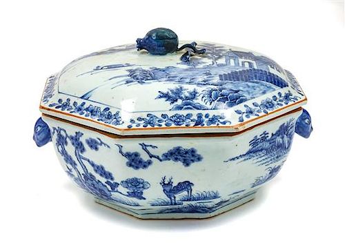 * A Chinese Export Porcelain Lidded Tureen Height 8 x width 13 x depth 12 1/2 inches.