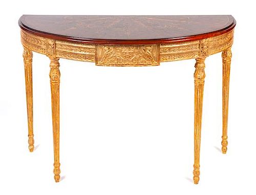 A Pair of Demilune Console Tables Height 32 x width 37 x depth 21 inches.