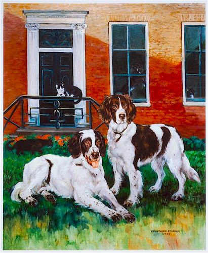 * Two Works of Art depicting Brittany Spaniels Larger: 20 x 16 1/2 inches.