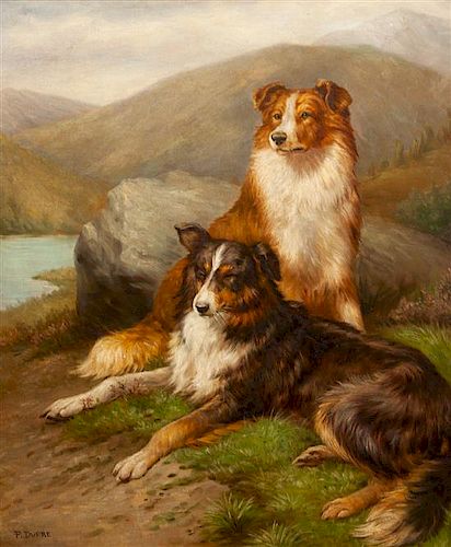 * Four Works of Art depicting Collies Largest: 24 1/4 x 19 7/8 inches.