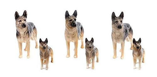 * A Group of Six Bewsick Porcelain German Shepherds Width of widest 7 inches.