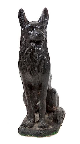 * A Painted Concrete German Shepherd Sculpture Height 37 x width 12 x depth 21 inches.
