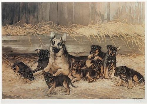 * Four Works of Art depicting German Shepherds Largest: 12 1/4 x 14 1/2 inches.