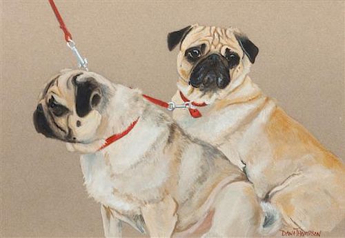 * A Watercolor depicting Two Pugs 5 1/4 x 7 1/2 inches.
