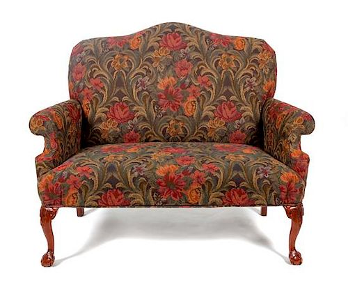 * A Queen Anne Style Upholstered Settee Height 40 1/2 x width 52 x depth 28 inches.
