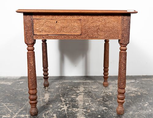 Foliate Carved Wood Indian Table With Brass Inlay