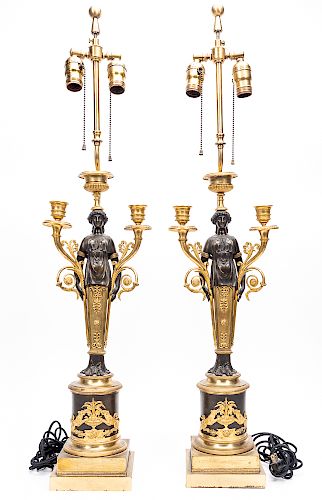 Pair Empire Bronze Candelabras Mounted as Lamps