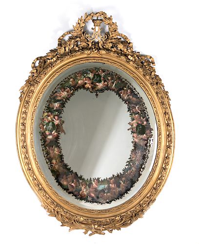 Palatial Oval Giltwood Mirror, Reverse Painted