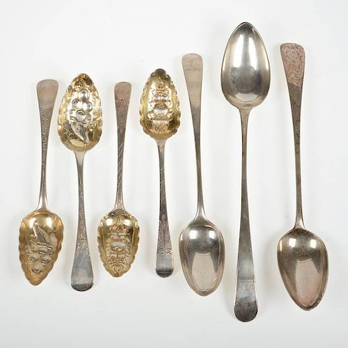 Group (7) Georgian silver stuffing and berry spoons