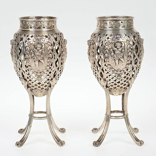 Nice pair Continental silver potpourri urns