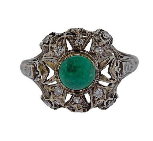 Antique Platinum Diamond Emerald Ring 