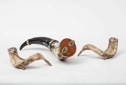 Pair of Brass-Mounted Horn Candlesticks and a Brass-Mounted Horn Powder Flask