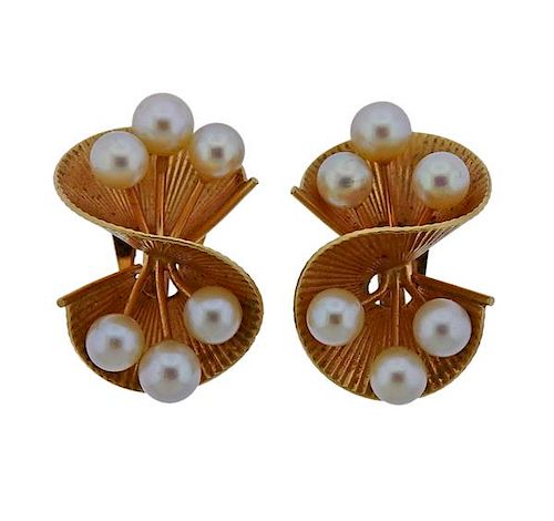 Retro Mid Century 14k Gold Pearl Swirl Earrings 