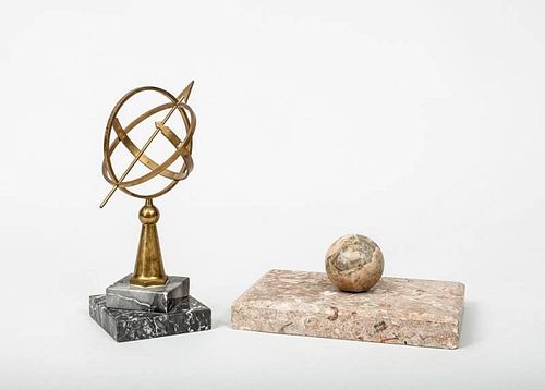 Brass Desk-Top Armillary and a Fossilized Marble Paperweight