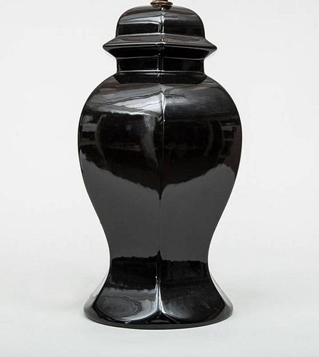 Chinoiserie Mirror-Black Glazed Pottery Hexagonal Baluster-Form Table Lamp