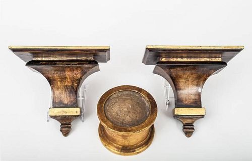 Pair of Stained Walnut and Parcel-Gilt Wall Brackets and a Circular Giltwood Stand