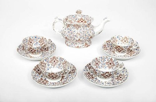 English Porcelain Transferware Teapot and Four Cups and Saucers
