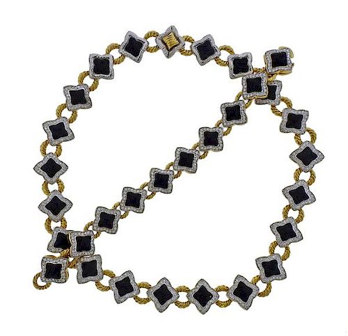 David Yurman Quatrefoil 18k Gold Diamond Onyx Bracelet Necklace Set 