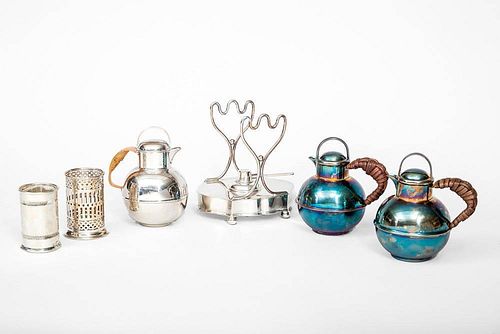 Three Silver-Plated Hot Water Jugs, Two Pierced Holders and a Kettle Stand