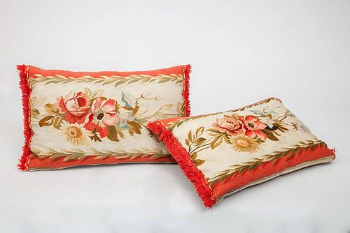 Pair of Aubusson Tapestry-Covered Pillows, a Large Single and a Needlework Pillow
