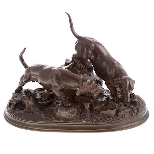 After Jules Moigniez. Two Hounds on Scent Bronze