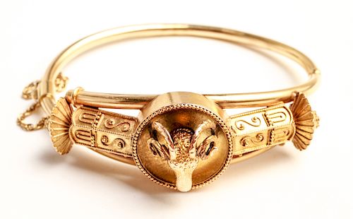 Etruscan Revival 14K Gold Ram Head Bangle Bracelet
