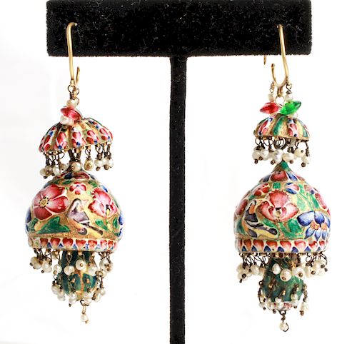 18K Gold Qajari Persian Enamel Earrings Antique Pr