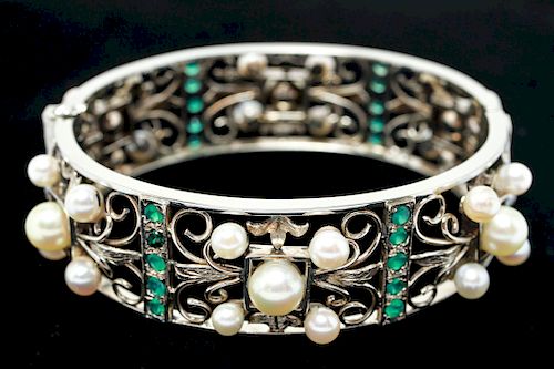 14K Gold Emeralds & Pearls Hinged Bracelet