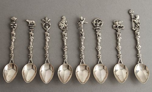 Continental Silver Demitasse Figural Spoons Set, 8