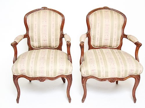 Louis XV Manner Arm Chairs w Floral Upholstery