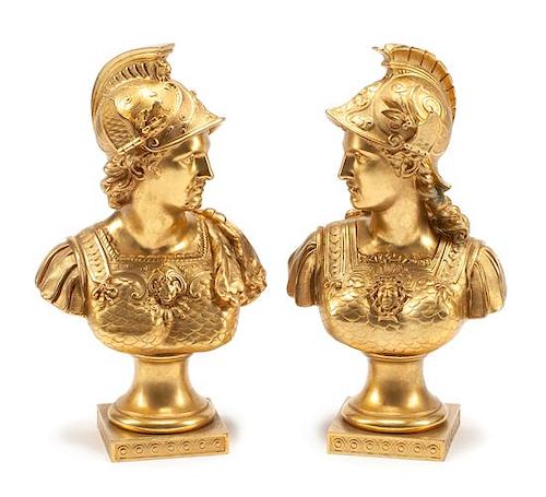 A Pair of French Gilt Bronze Busts Height 14 inches.